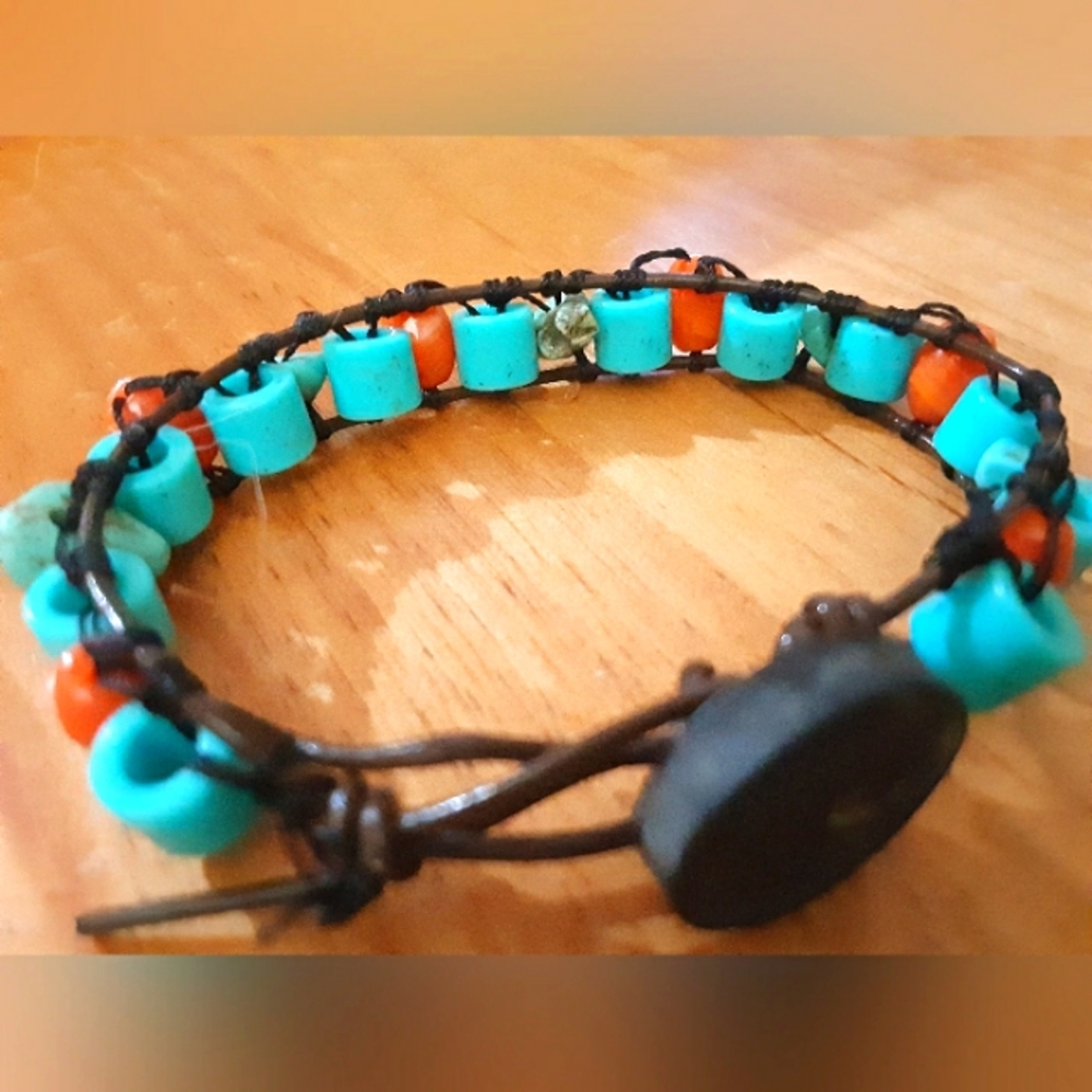 Handmade leather wrap beaded bracelet